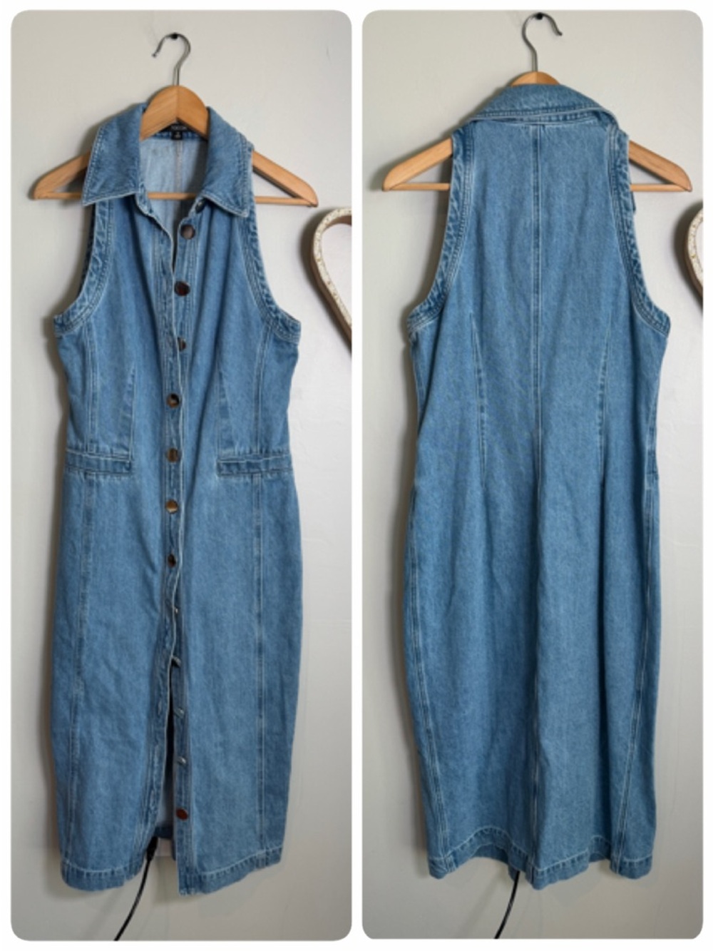 Toccin PALMER Denim Midi Dress Button Front Sleeveless Collared Jean Dress Sz 10